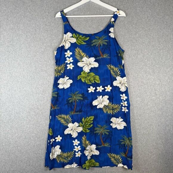 Bishop St Apparel Womens Large Hawaiian Print Mini Dress Blue Green Palm Trees - Picture 6 of 6